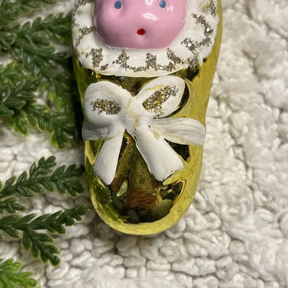 Vintage Hand Blown Glass Baby Swaddled in Blanket Bow Gold Christmas Ornament